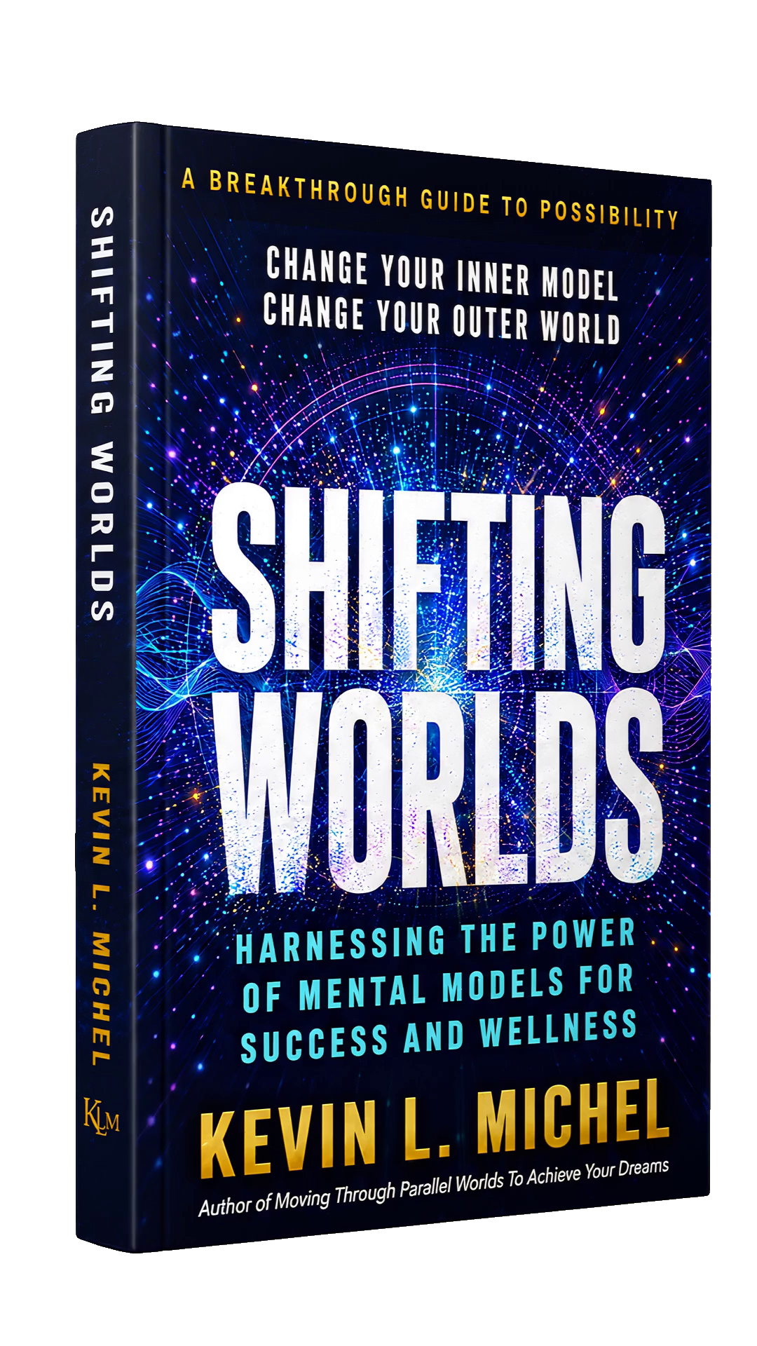 Rotating three-dimensional Shifting Worlds paperback mockup.