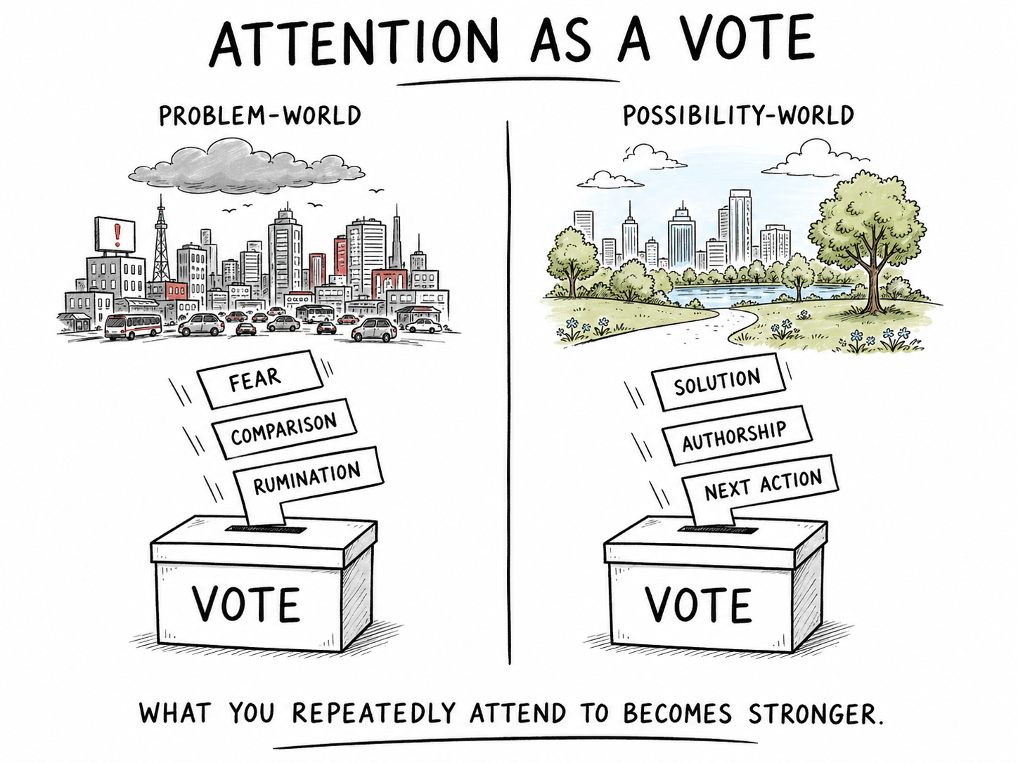 Two ballot boxes comparing attention given to problem-world and possibility-world.