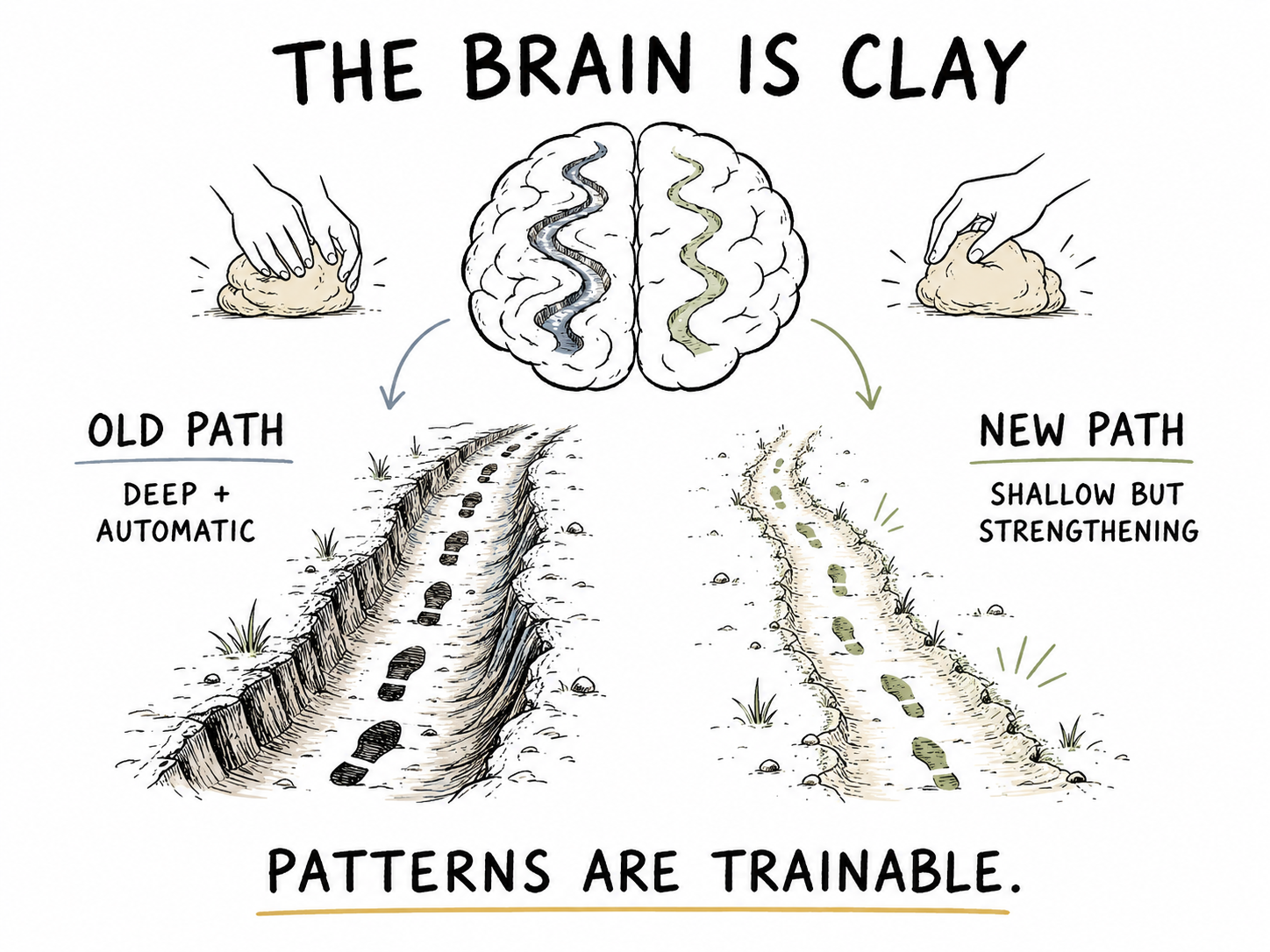 A brain and path diagram showing an automatic old path and a strengthening new path.