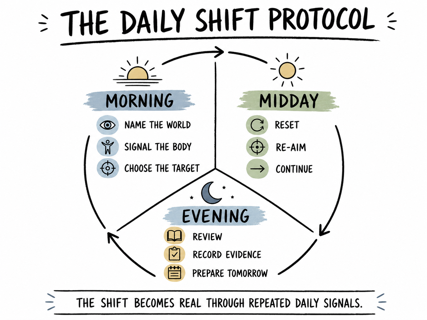 A morning, midday, and evening loop diagram for the Daily Shift Protocol.