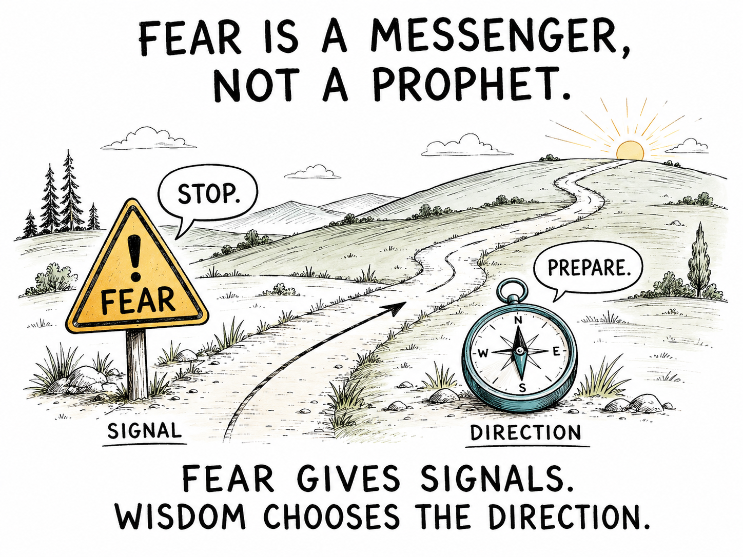A road sign diagram showing fear as a signal while wisdom chooses the direction.