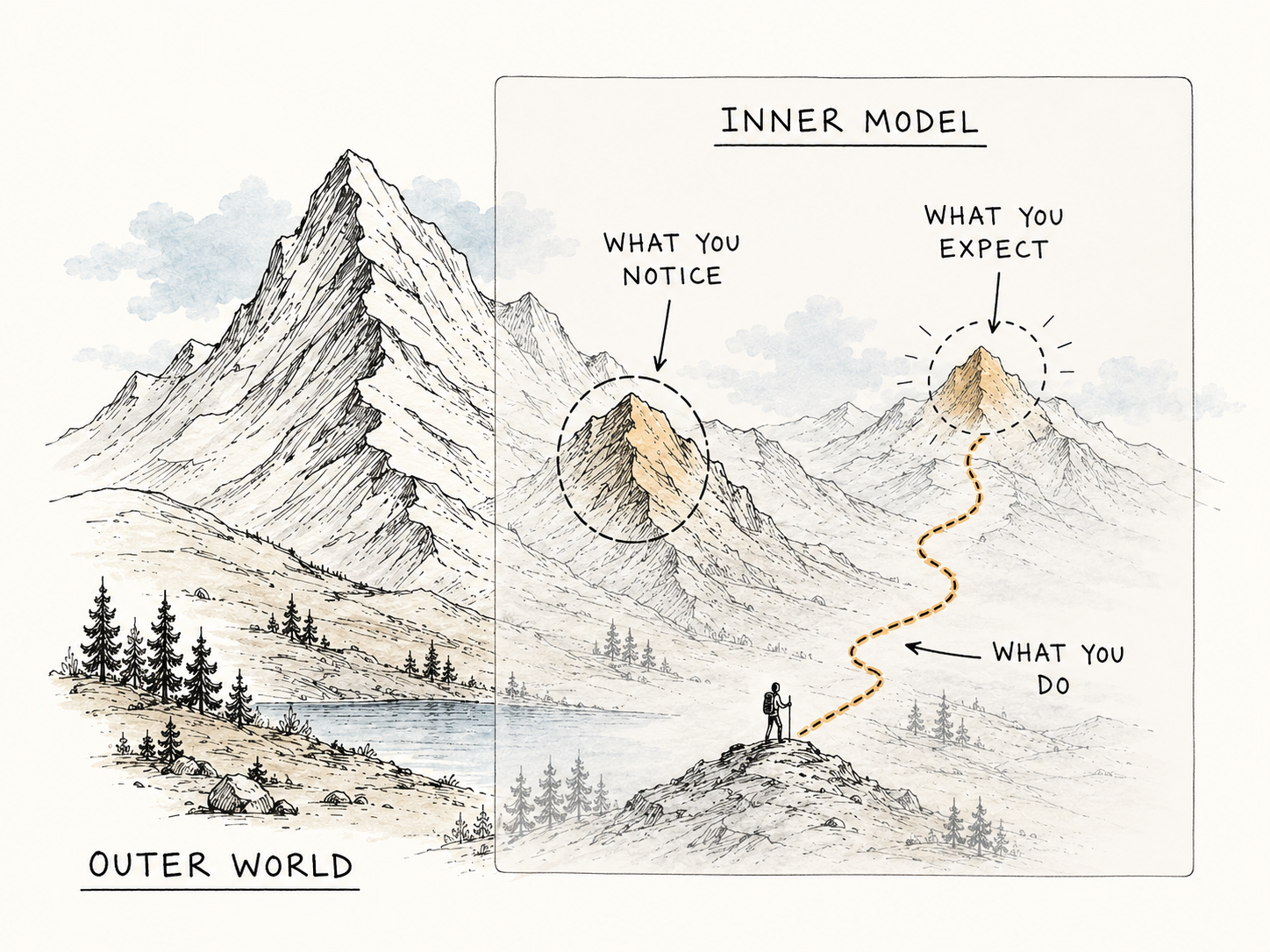 A mountain path diagram showing an inner model between the outer world and what a person notices, expects, and does.