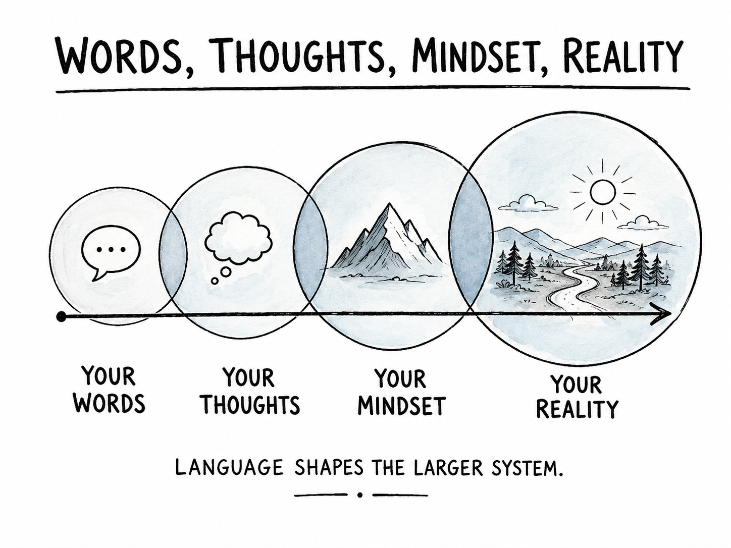 Overlapping circles linking words, thoughts, mindset, and reality.
