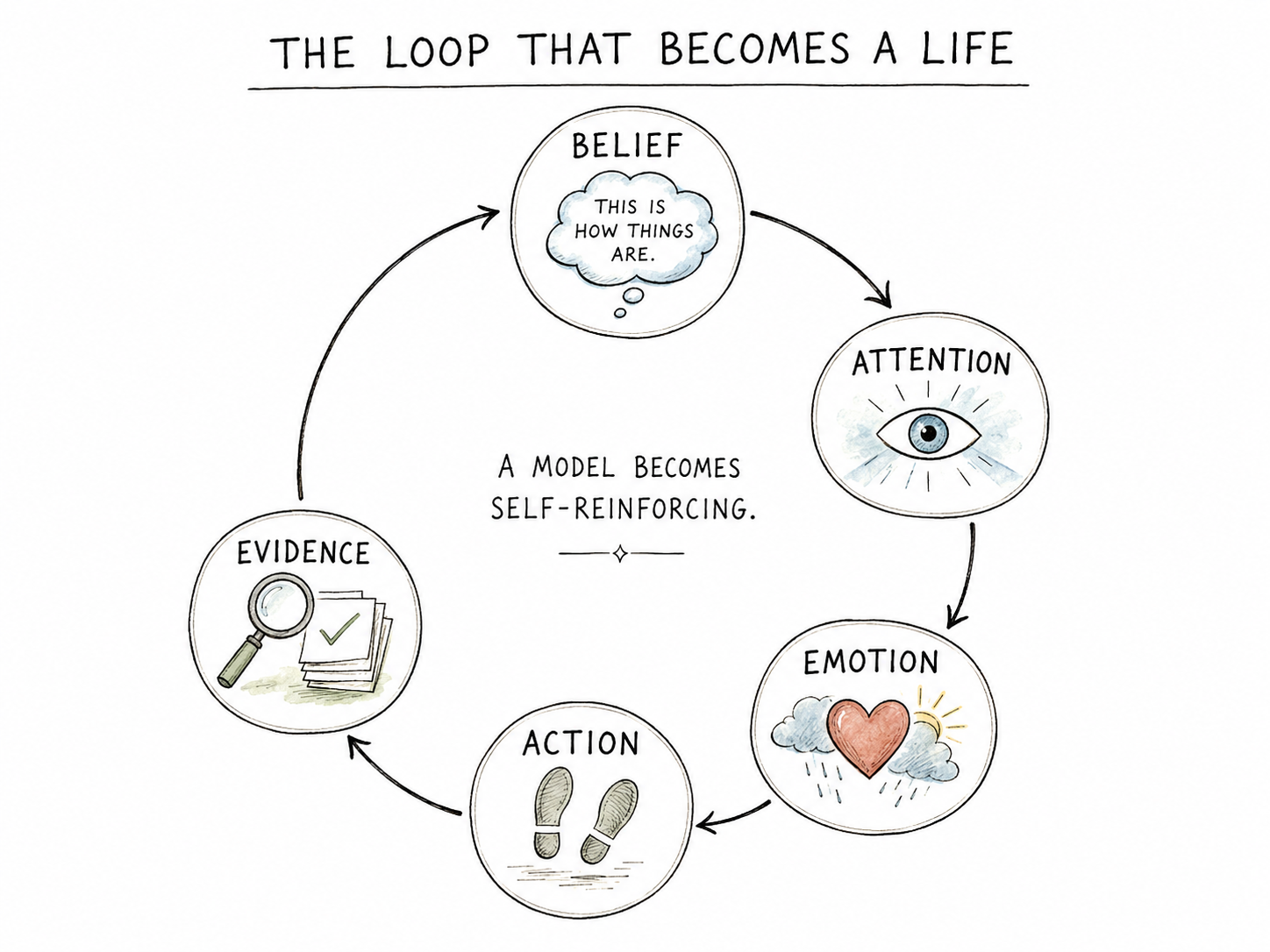 A circular life loop diagram connecting belief, attention, emotion, action, and evidence.