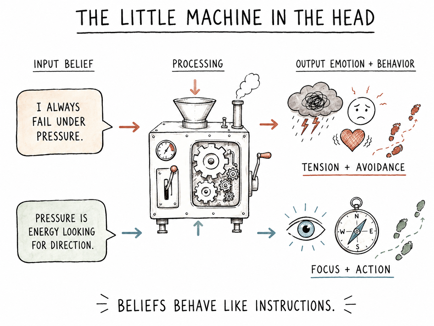 A small machine diagram showing input beliefs being processed into emotional and behavioral outputs.