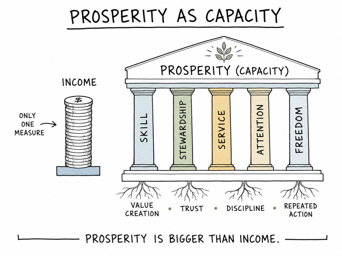 A temple diagram showing prosperity as capacity supported by skill, stewardship, service, attention, and freedom.