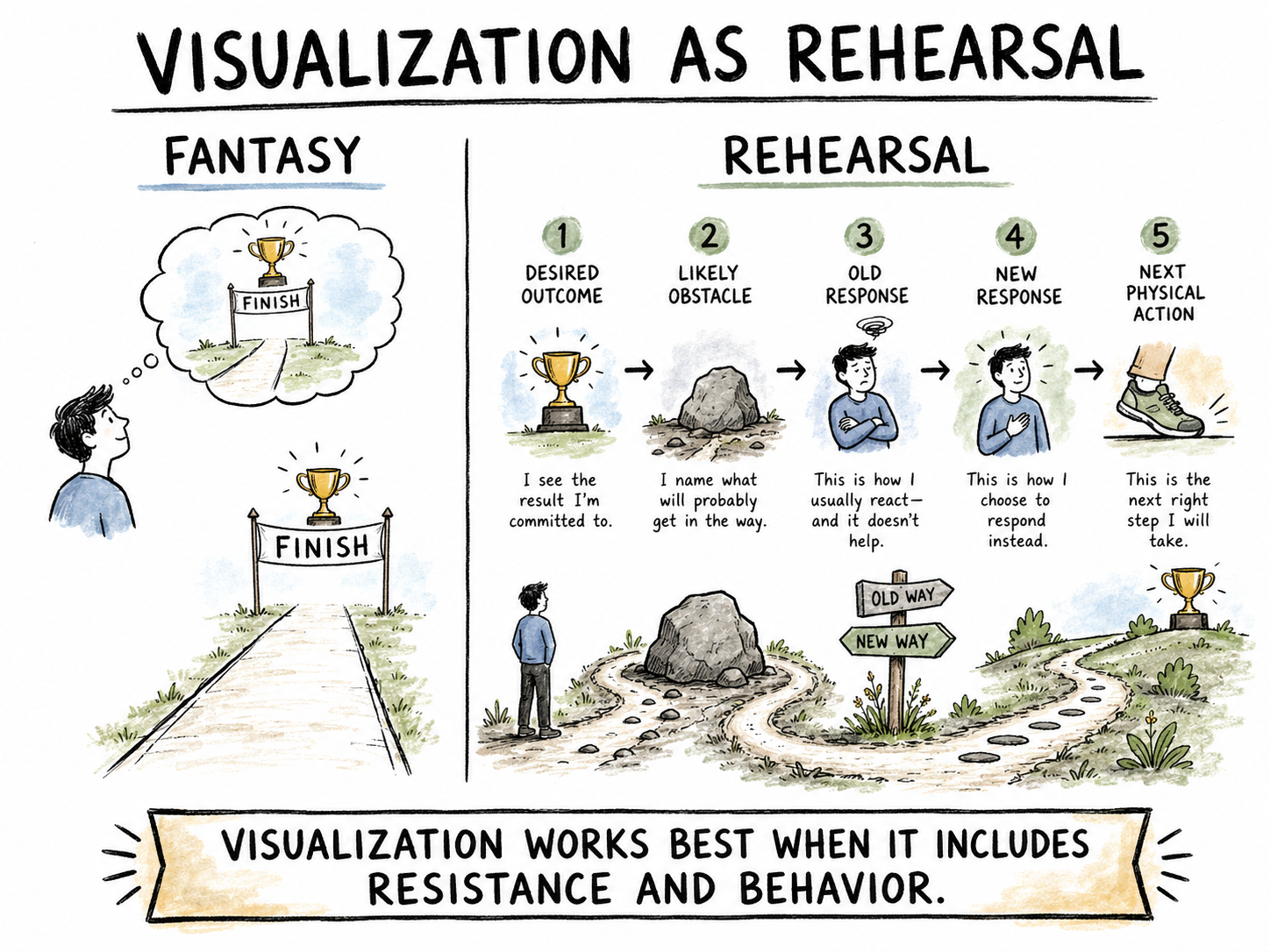 A visual rehearsal diagram contrasting fantasy with preparation, obstacles, and action.